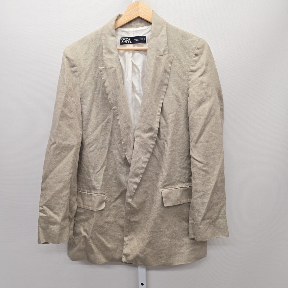 Zara Woman Tan Linen Blend Longline Blazer Jacket Size Large L Neutral Office
